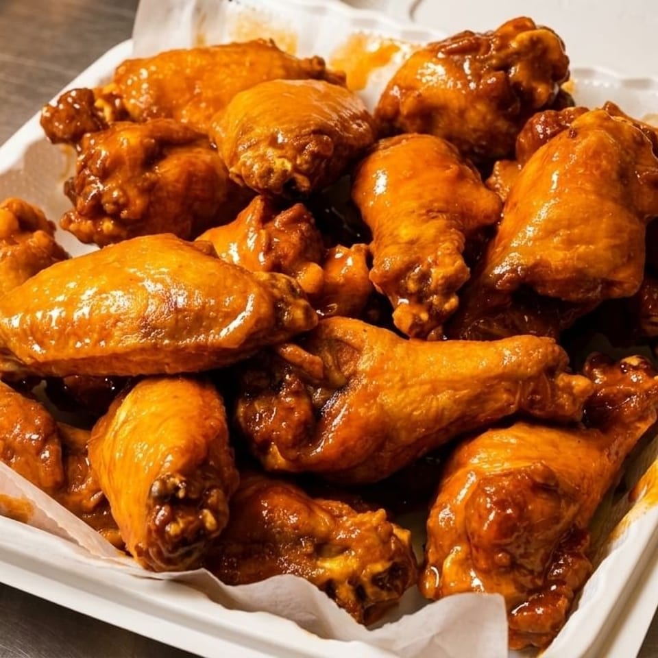 A white takeout container filled with numerous glistening, saucy chicken wings.