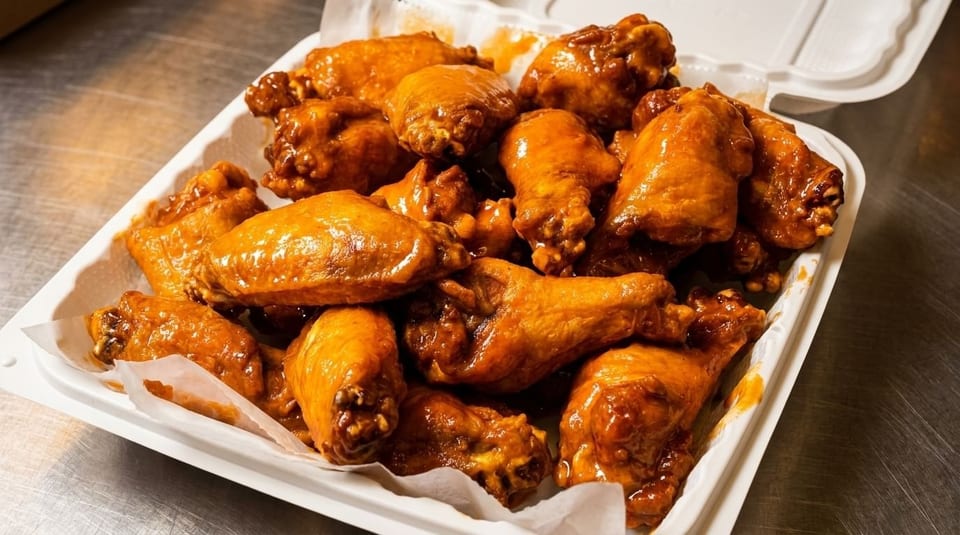 A white takeout container filled with numerous glistening, saucy chicken wings.